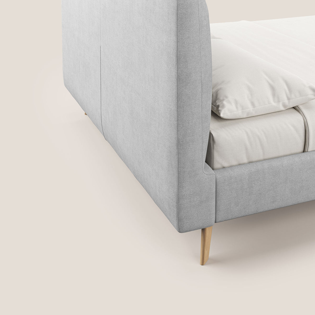 Selene letto imbottito con piedini naturali sfoderabile in tessuto impermeabile T02 grigio chiaro - divitt.sbs