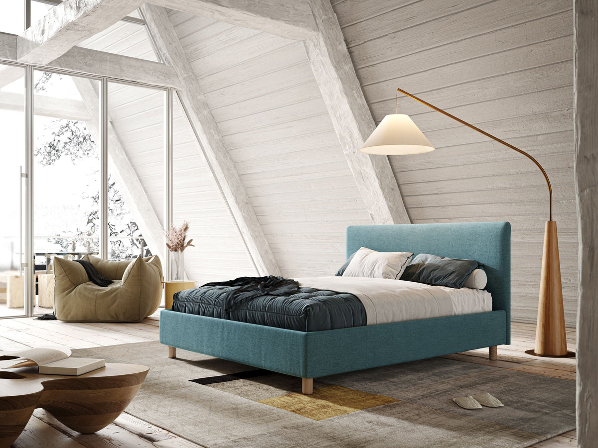 Serena letto contenitore salvaspazio scandinavo in tessuto fiammato impermeabile T03 azzurro - divitt.sbs