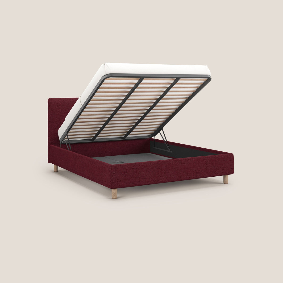 Serena letto contenitore salvaspazio scandinavo in tessuto fiammato impermeabile T03 rosso - divitt.sbs