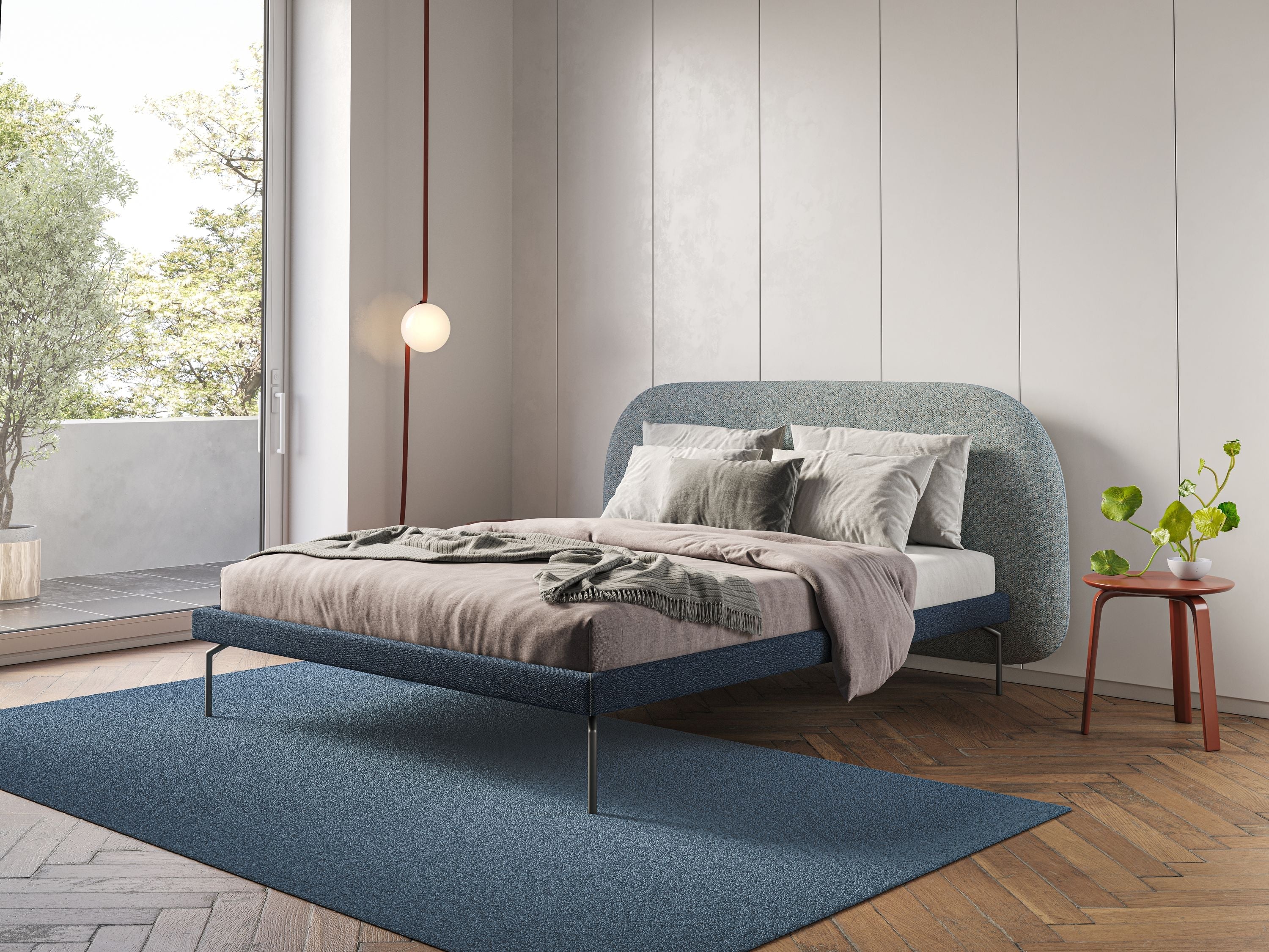 Soleil letto imbottito di design con piedi alti in metallo in bouclet smacchiabile T12 carta da zucchero - divitt.sbs