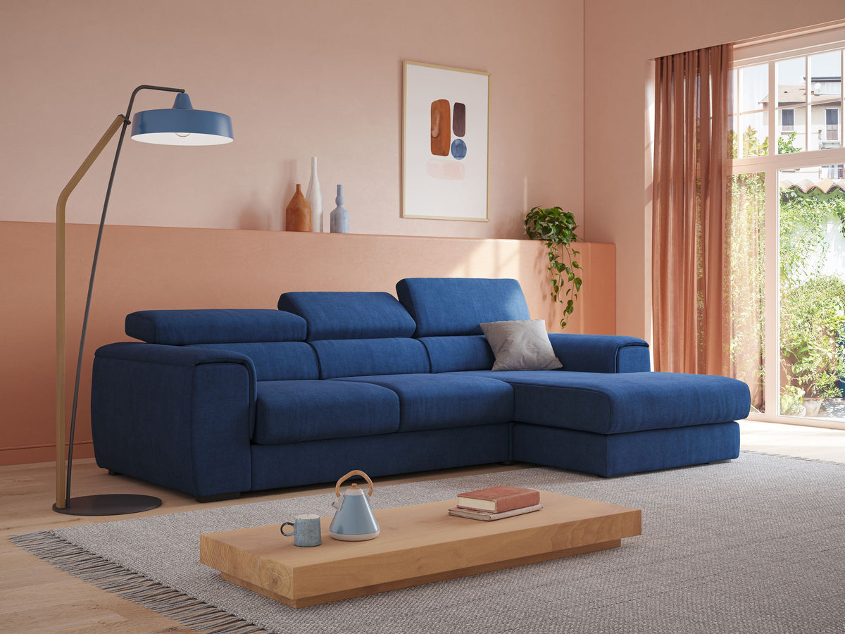 Zeno Divano angolare con pouf estraibile poggiapiedi in tessuto morbido impermeabile T02 blu - divitt.sbs