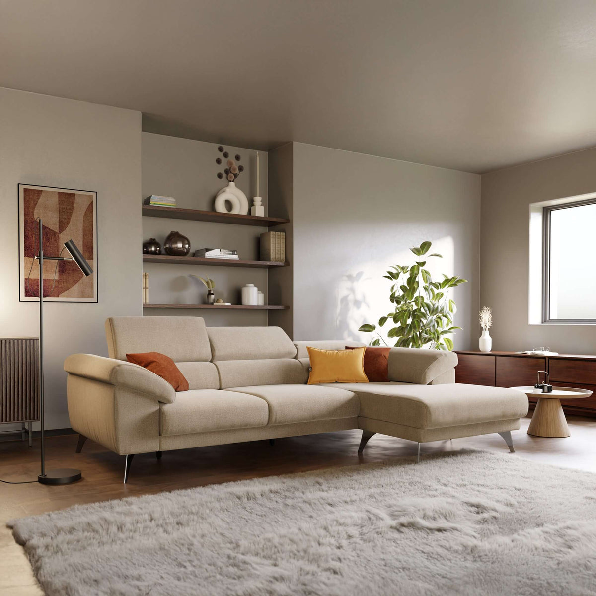 Donatello Divano angolare con sedute scorrevoli braccioli contenitore e poggiatesta in tessuto morbido smacchiabile T23 beige - divitt.sbs