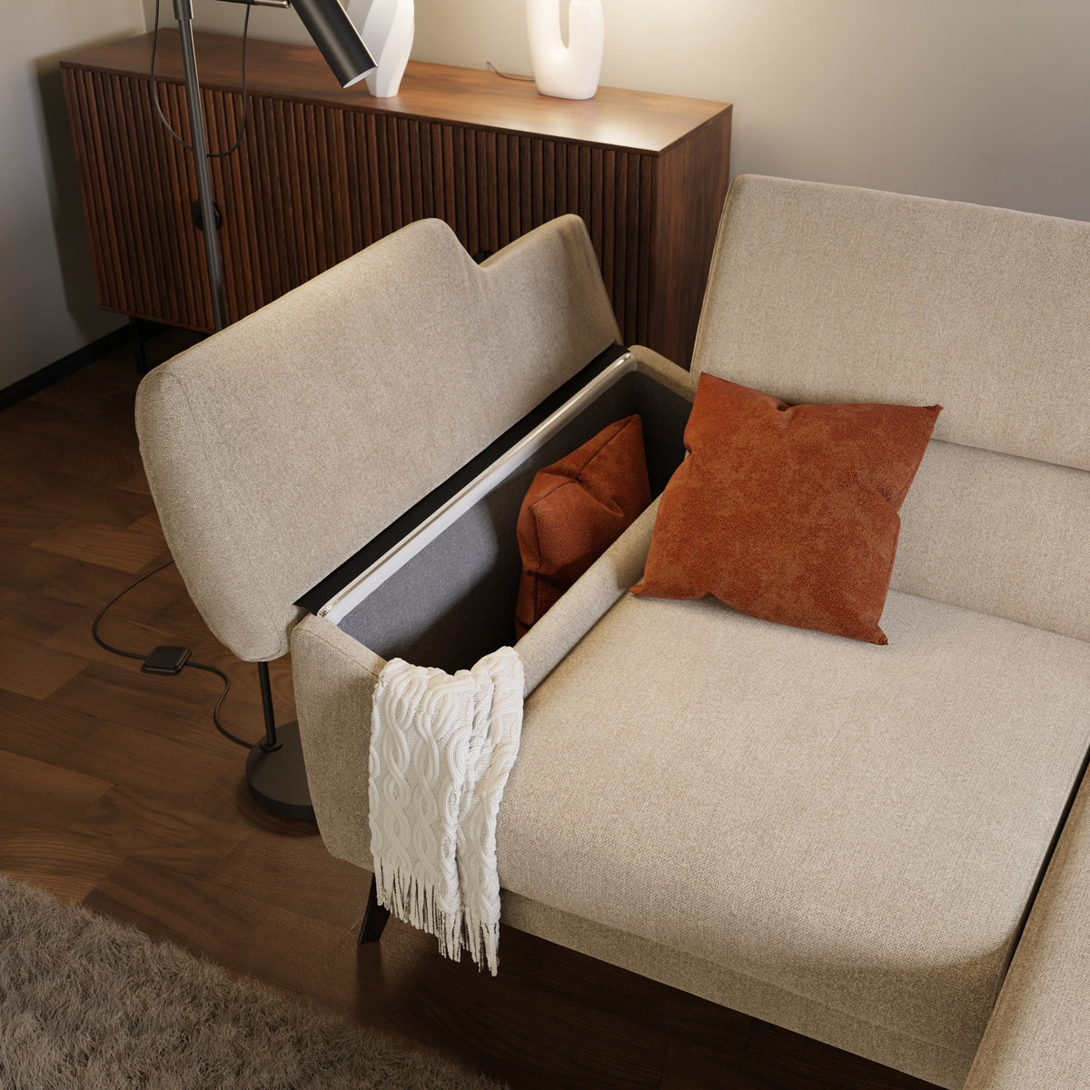 Donatello Divano angolare con sedute scorrevoli braccioli contenitore e poggiatesta in tessuto morbido smacchiabile T23 beige - divitt.sbs