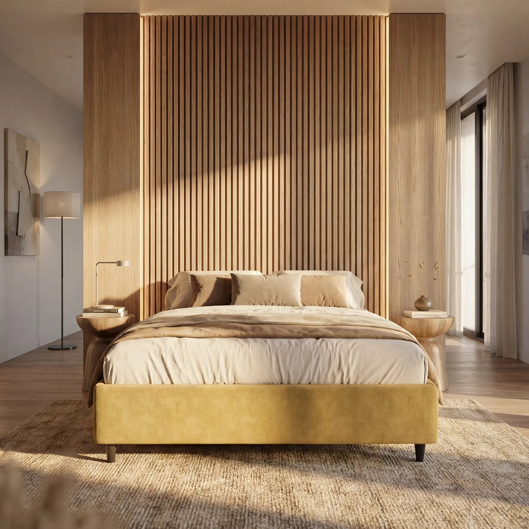 Una camera da letto moderna arredata con il letto sommier imbottito con contenitore ERON di Letti.store, in giallo, con biancheria da letto beige e una parete d’accento con doghe in legno. Due comodini rotondi con lampade fiancheggiano il letto. Le ampie finestre sulla destra e le opere d’arte astratta valorizzano lo spazio.