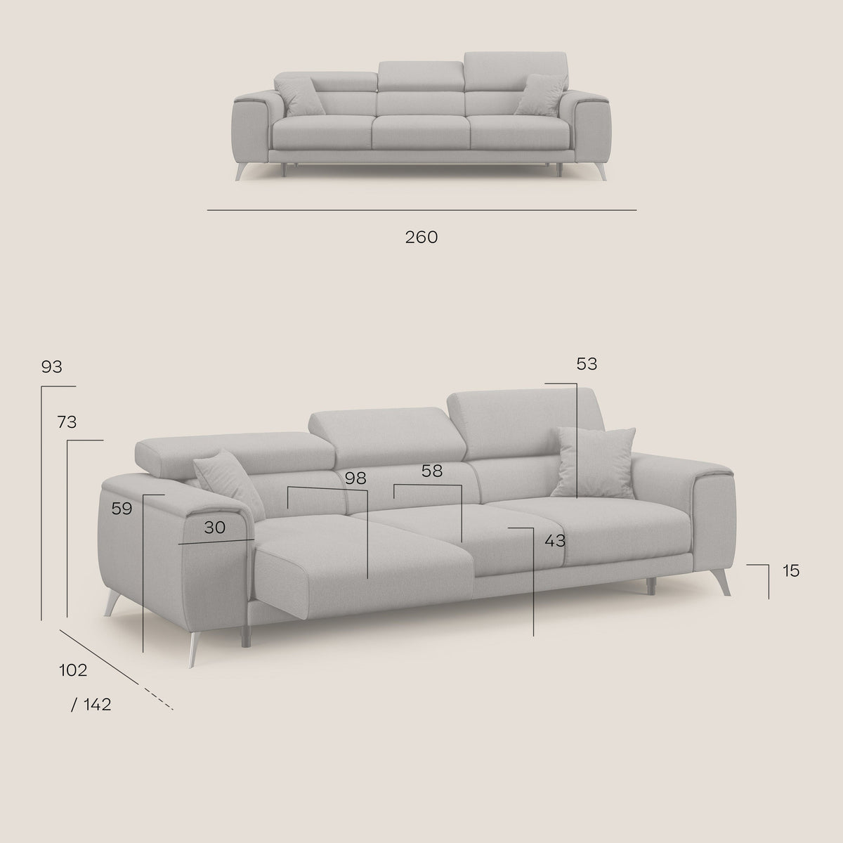 Fusion divano con 3 sedute allungabili in tessuto smacchiabile T05 beige - divitt.sbs