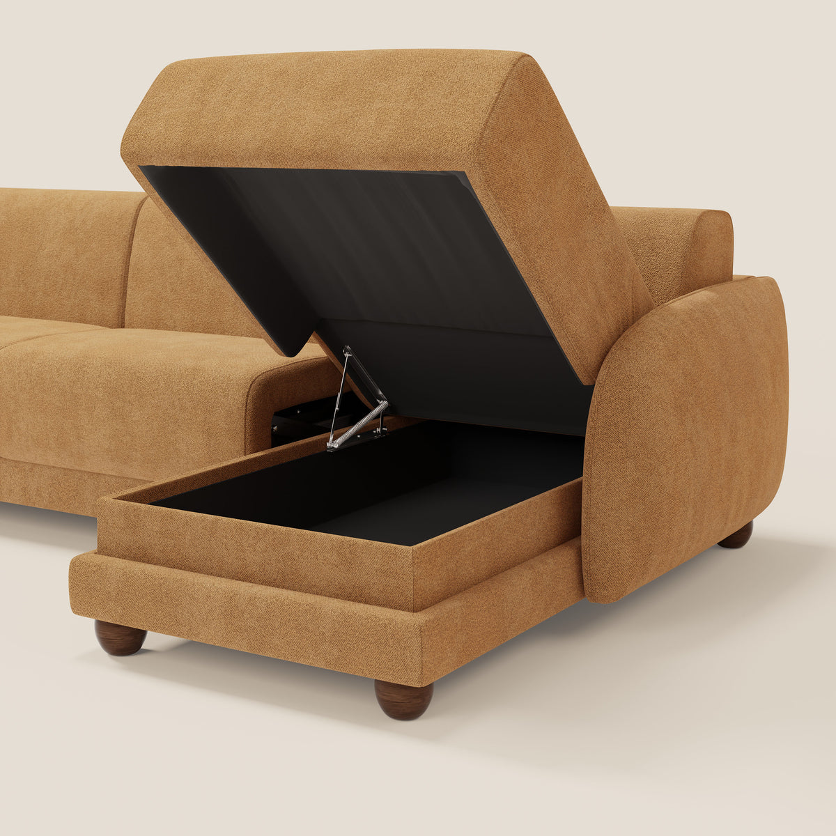 Giglio divano letto angolare con materasso alto 18 cm e penisola contenitore in morbido bouclé impermeabile T07 - divitt.sbs