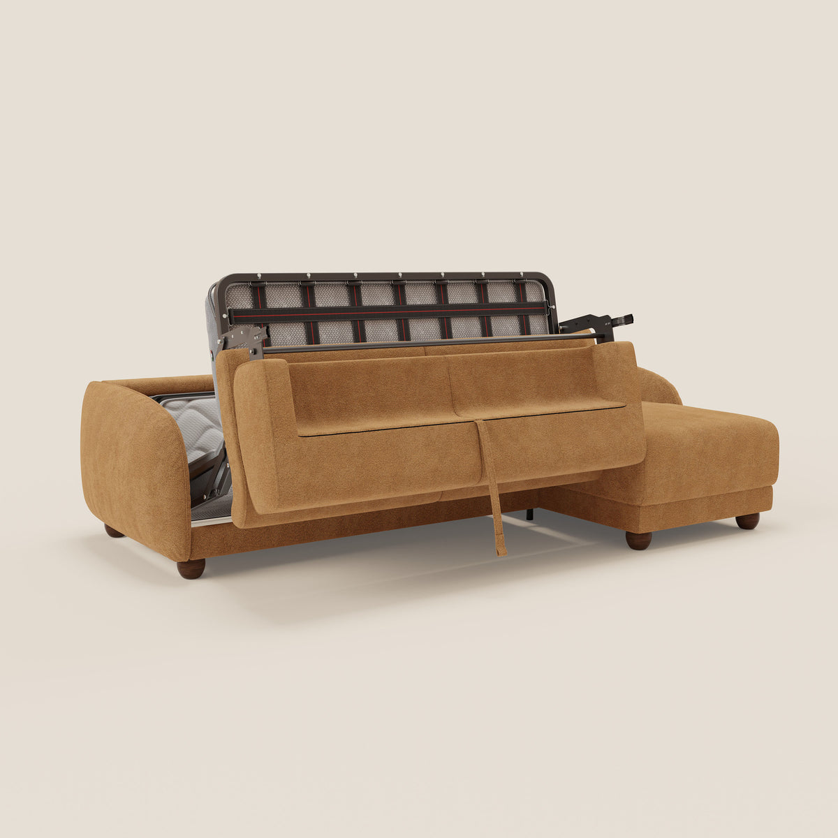 Giglio divano letto angolare con materasso alto 18 cm e penisola contenitore in morbido bouclé impermeabile T07 - divitt.sbs