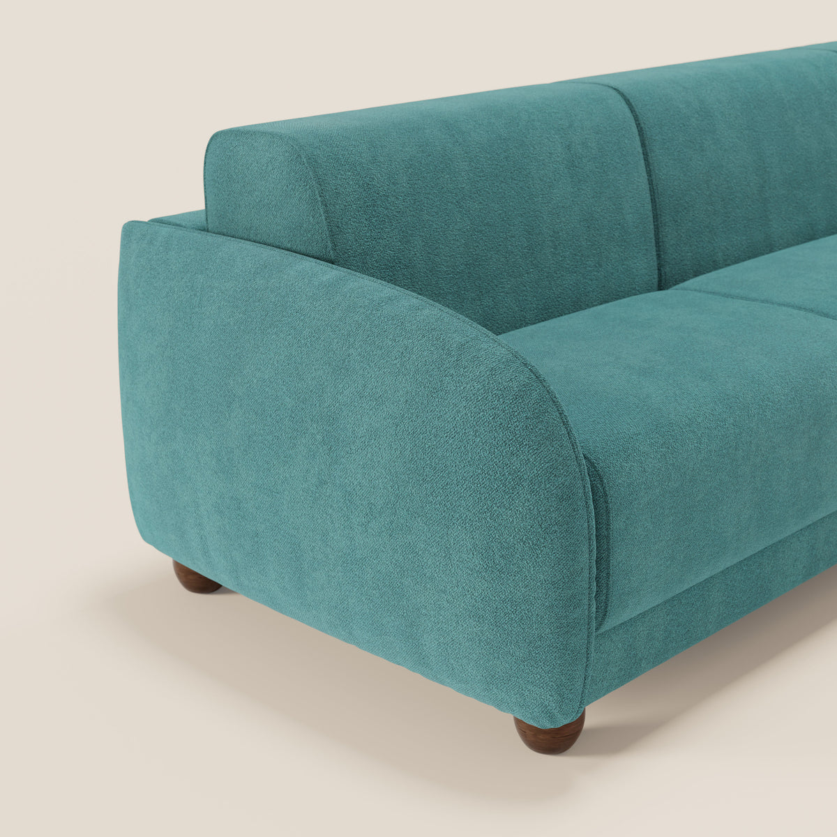Giglio divano letto angolare con materasso alto 18 cm e penisola contenitore in morbido bouclé impermeabile T07 azzurro - divitt.sbs