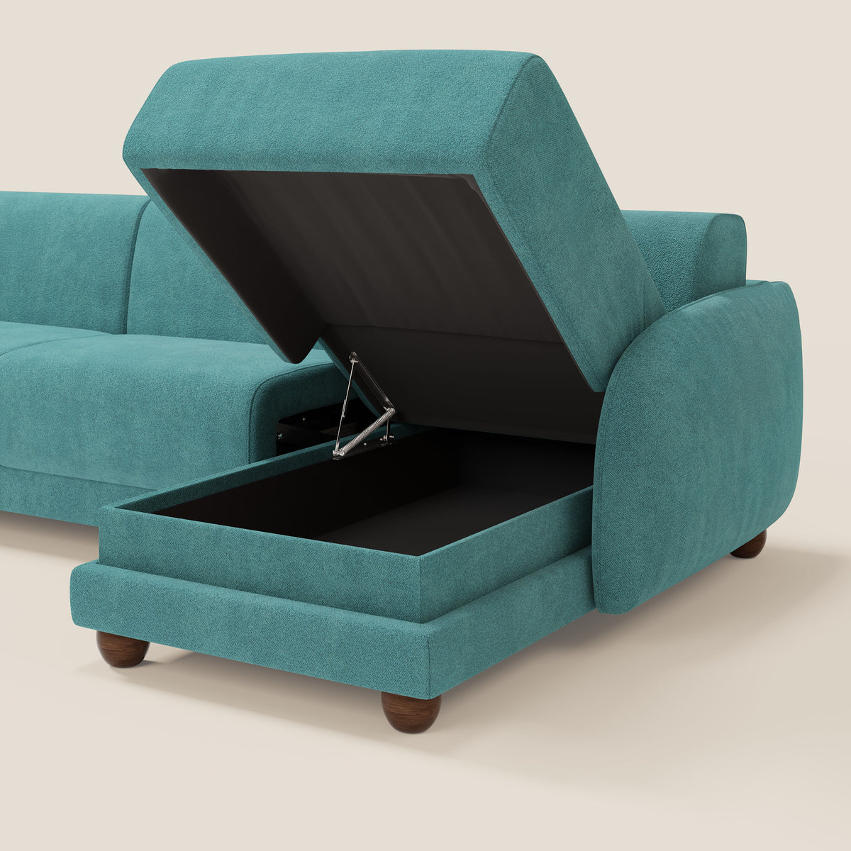 Giglio divano letto angolare con materasso alto 18 cm e penisola contenitore in morbido bouclé impermeabile T07 azzurro - divitt.sbs
