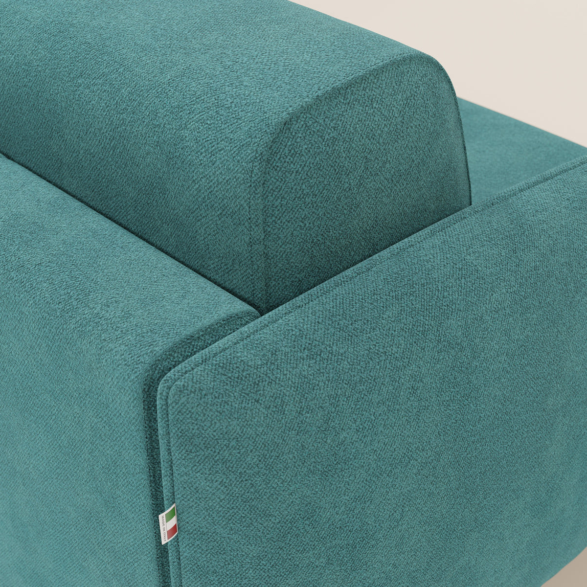 Giglio divano letto angolare con materasso alto 18 cm e penisola contenitore in morbido bouclé impermeabile T07 azzurro - divitt.sbs