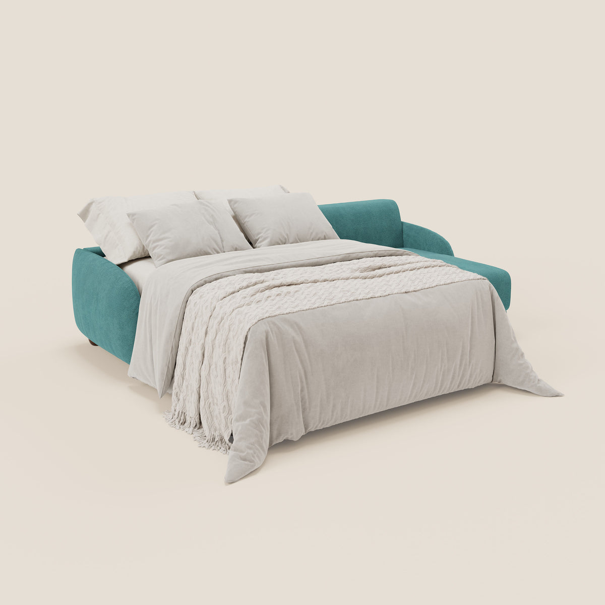 Giglio divano letto angolare con materasso alto 18 cm e penisola contenitore in morbido bouclé impermeabile T07 azzurro - divitt.sbs