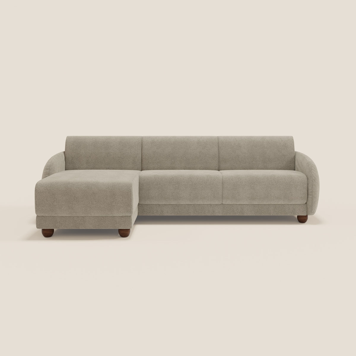 Giglio divano letto angolare con materasso alto 18 cm e penisola contenitore in morbido bouclé impermeabile T07 - divitt.sbs