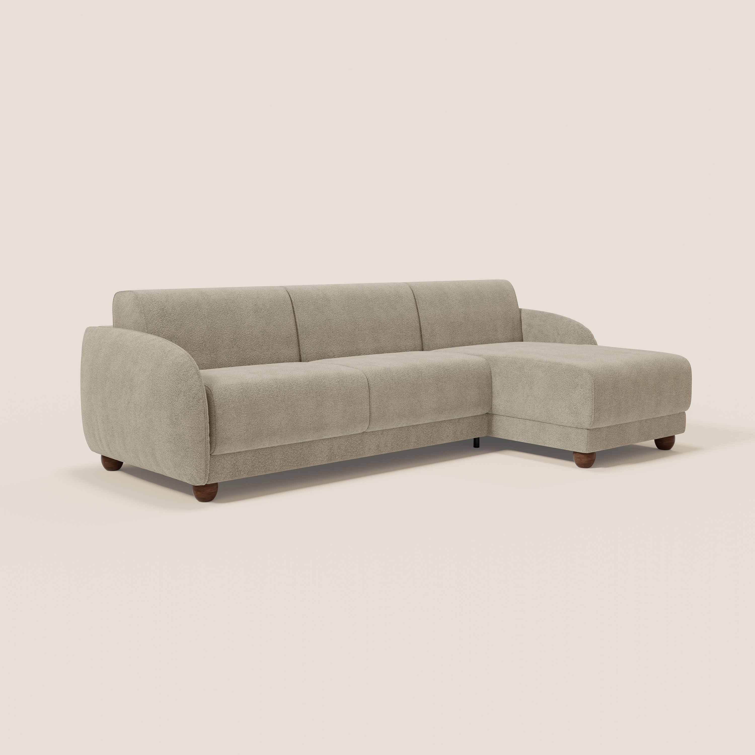 Giglio divano letto angolare con materasso alto 18 cm e penisola contenitore in morbido bouclé impermeabile T07 - divitt.sbs