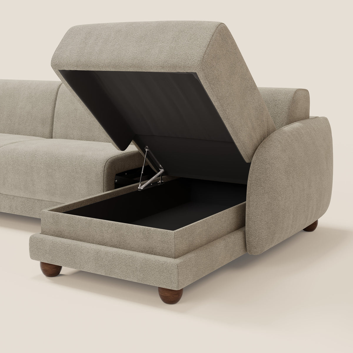 Giglio divano letto angolare con materasso alto 18 cm e penisola contenitore in morbido bouclé impermeabile T07 - divitt.sbs