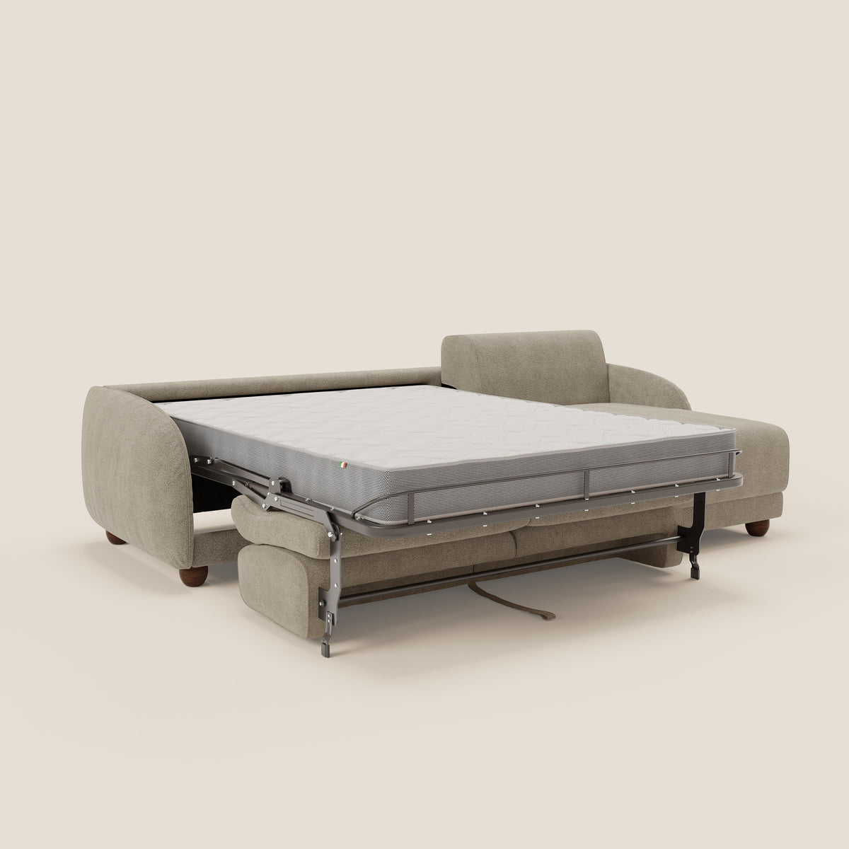Giglio divano letto angolare con materasso alto 18 cm e penisola contenitore in morbido bouclé impermeabile T07 - divitt.sbs