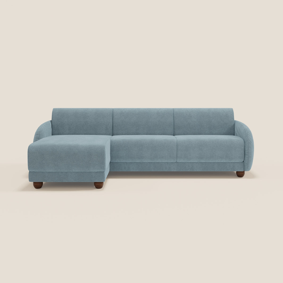 Giglio divano letto angolare con materasso alto 18 cm e penisola contenitore in morbido bouclé impermeabile T07 - divitt.sbs