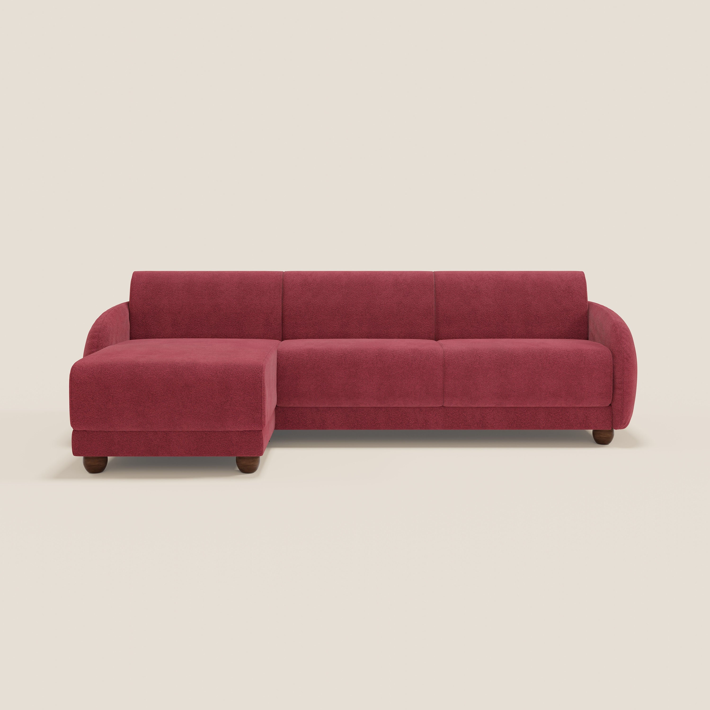 Giglio divano letto angolare con materasso alto 18 cm e penisola contenitore in morbido bouclé impermeabile T07 rosso - divitt.sbs