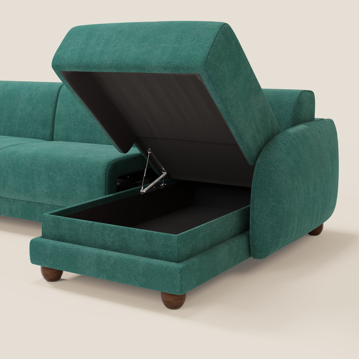 Giglio divano letto angolare con materasso alto 18 cm e penisola contenitore in morbido bouclé impermeabile T07 - divitt.sbs