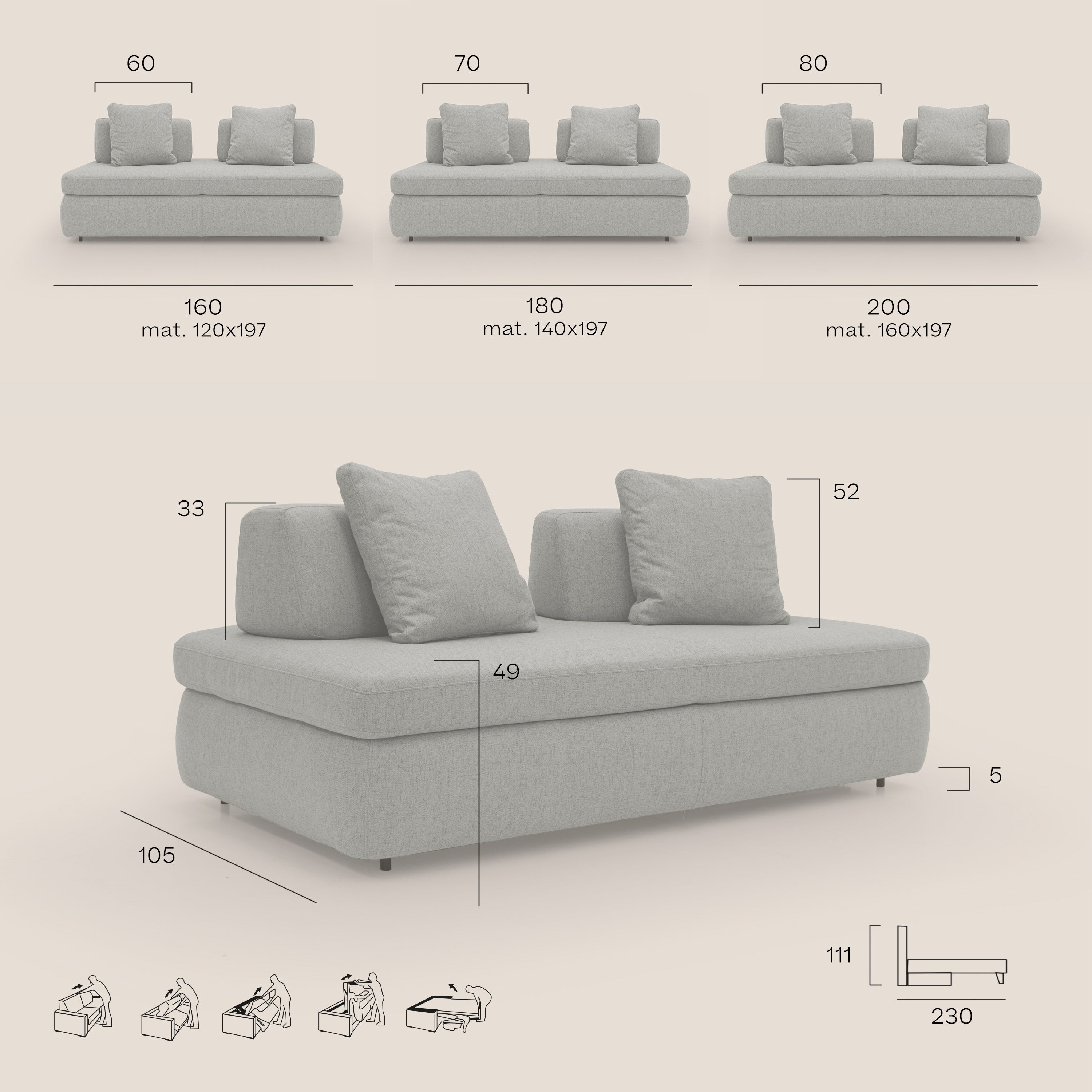 Gransasso Divano letto matrimoniale dal DESIGN innovativo in tessuto impermeabile T03 beige - divitt.sbs