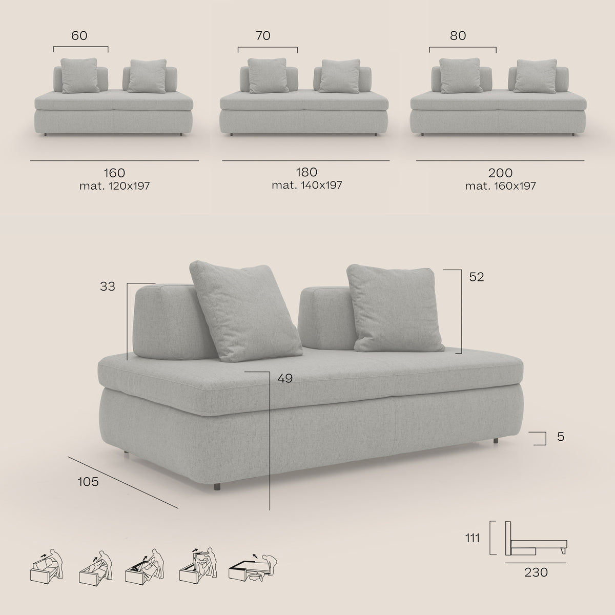 Gransasso Divano letto matrimoniale dal DESIGN innovativo in tessuto impermeabile T03 grigio - divitt.sbs