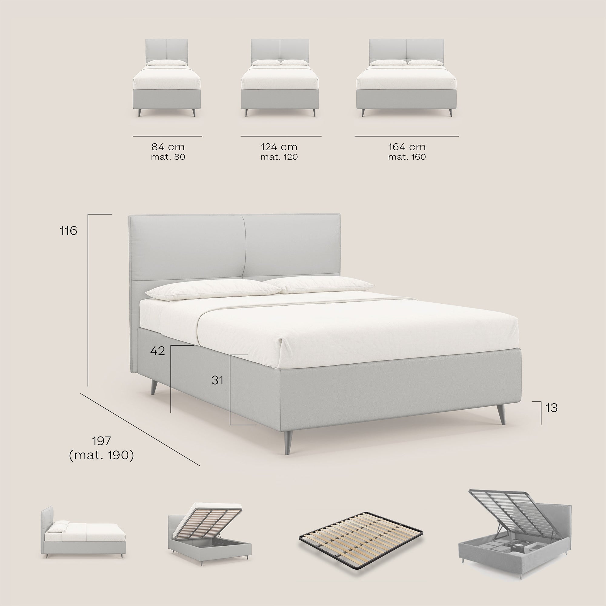 Greta letto contenitore dimensioni SLIM con testata trapuntata in ecopelle impermeabile T04 marrone - divitt.sbs