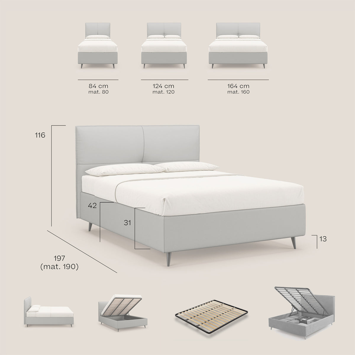 Greta letto contenitore dimensioni SLIM con testata trapuntata in ecopelle impermeabile T04 - divitt.sbs