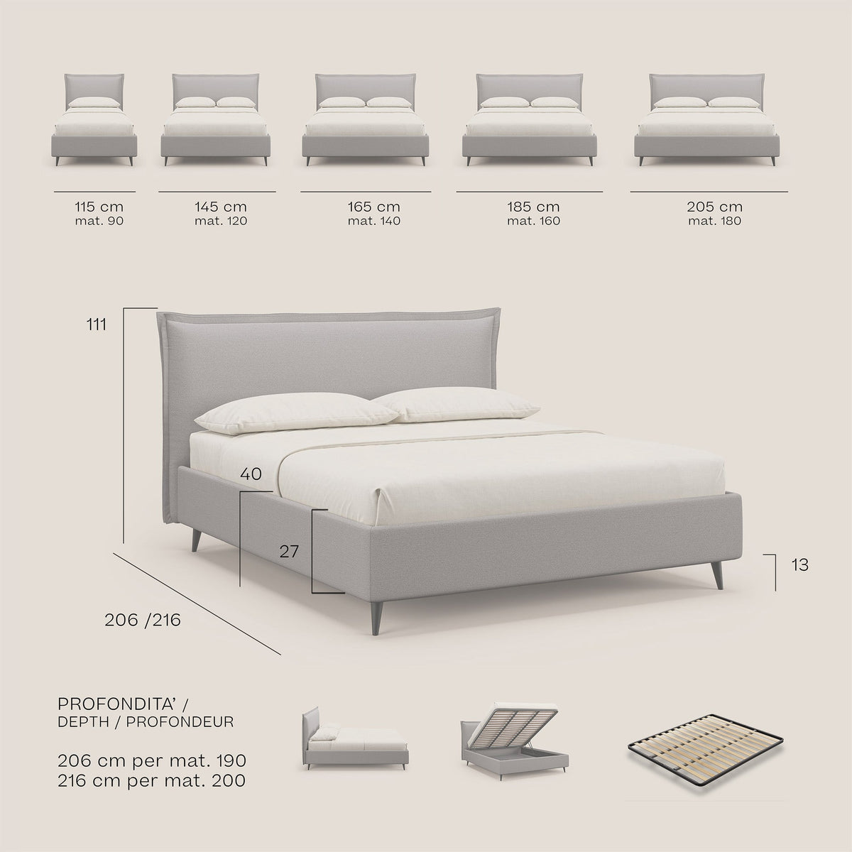 Hans letto contenitore imbottito minimal in tessuto simil cotone impermeabile T19 beige - divitt.sbs
