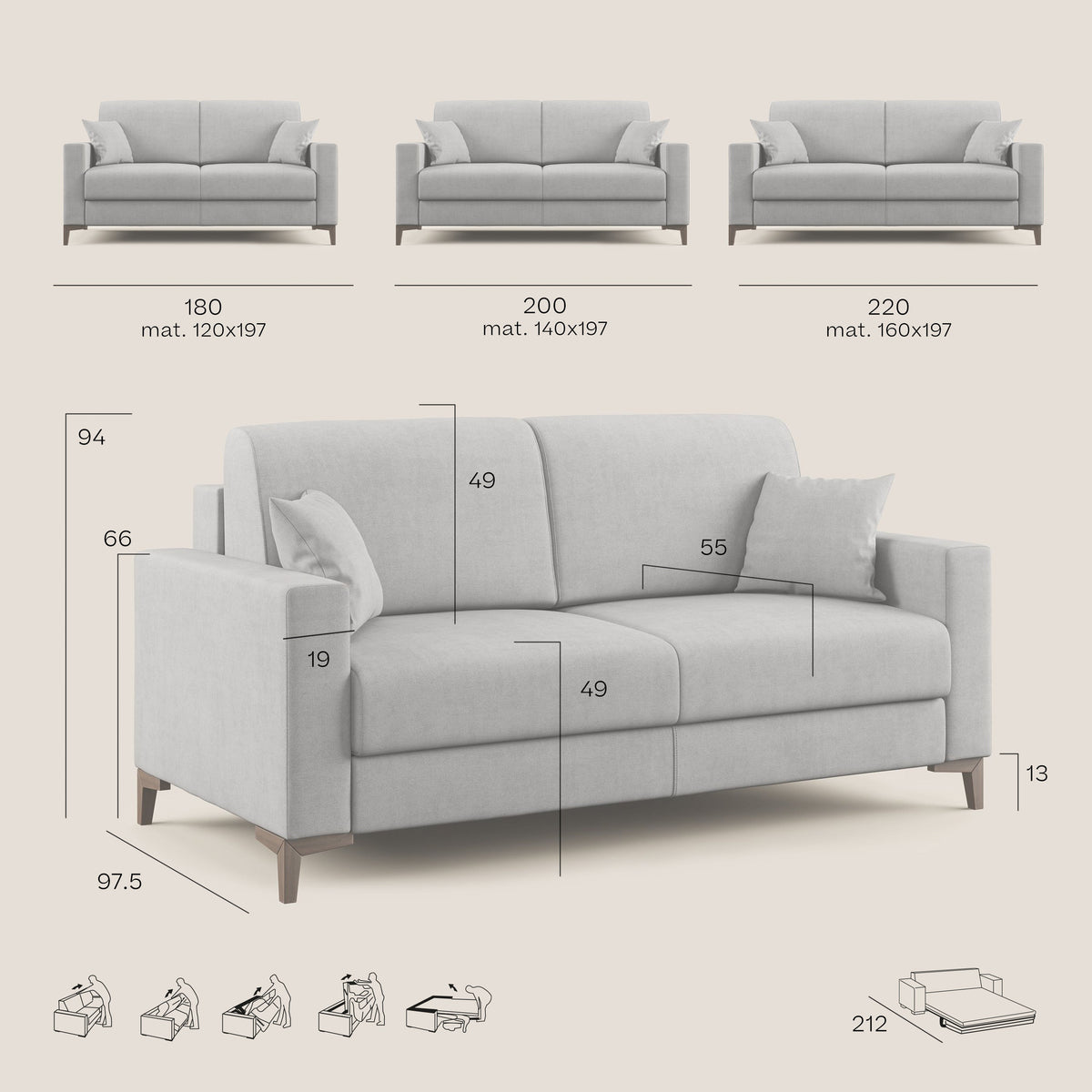 Kafka divano letto matrimoniale in morbido tessuto impermeabile T02 beige - divitt.sbs