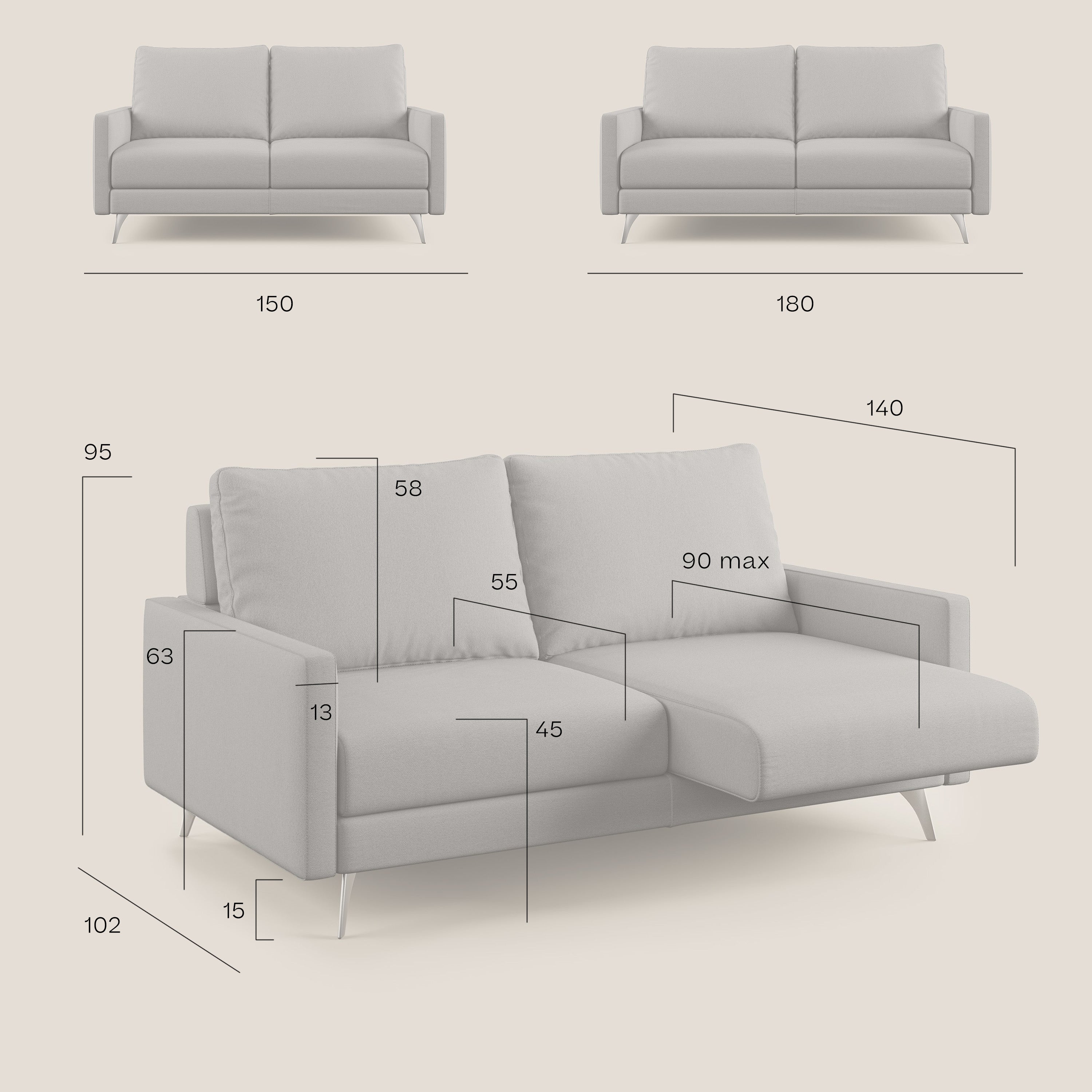 Klimt divano con sedute allungabili e schienali in piuma d'oca in tessuto smacchiabile T05 carta da zucchero - divitt.sbs
