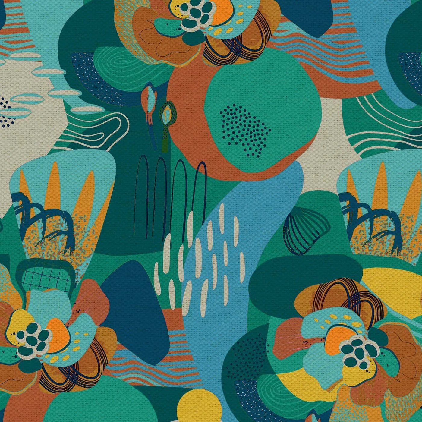Illustrazione digitale astratta con grandi cerchi, forme organiche, fiori stilizzati, linee ondulate e puntini nei toni del verde acqua, blu, verde, arancione e giallo, che richiamano la vivace collezione di cuscini multicolori “Joy” di divitt.sbs, realizzata in fresco cotone impermeabile.