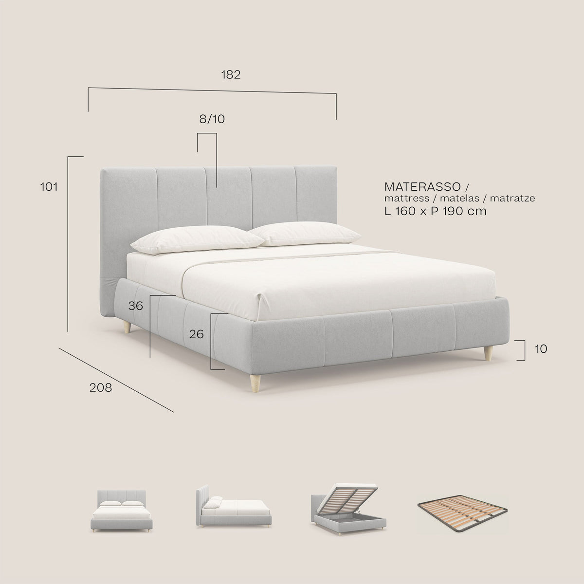 Laura letto imbottito contenitore e sfoderabile in microfibra velluto impermeabile T09 tortora - divitt.sbs