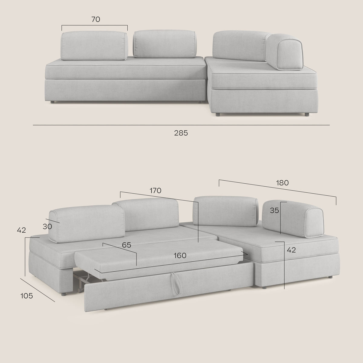 Liberty divano angolare con pouf estraibile e schienali movibili in tessuto morbido impermeabile T02 beige - divitt.sbs