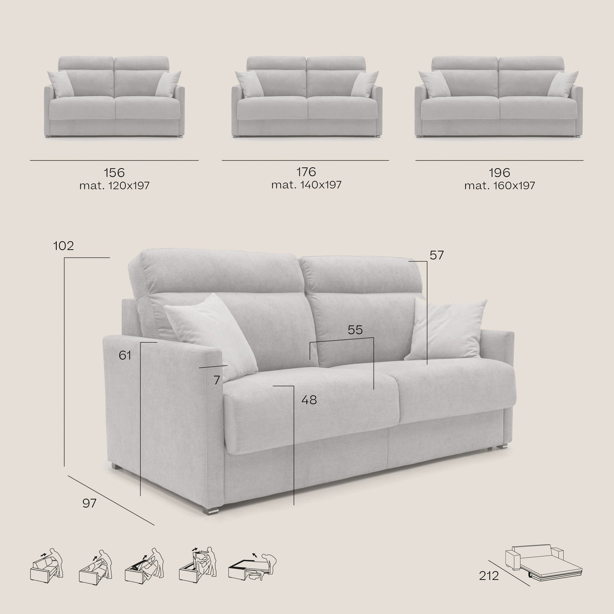 Margot Divano letto matrimoniale con schienale morbido alto in tessuto T02 beige - divitt.sbs