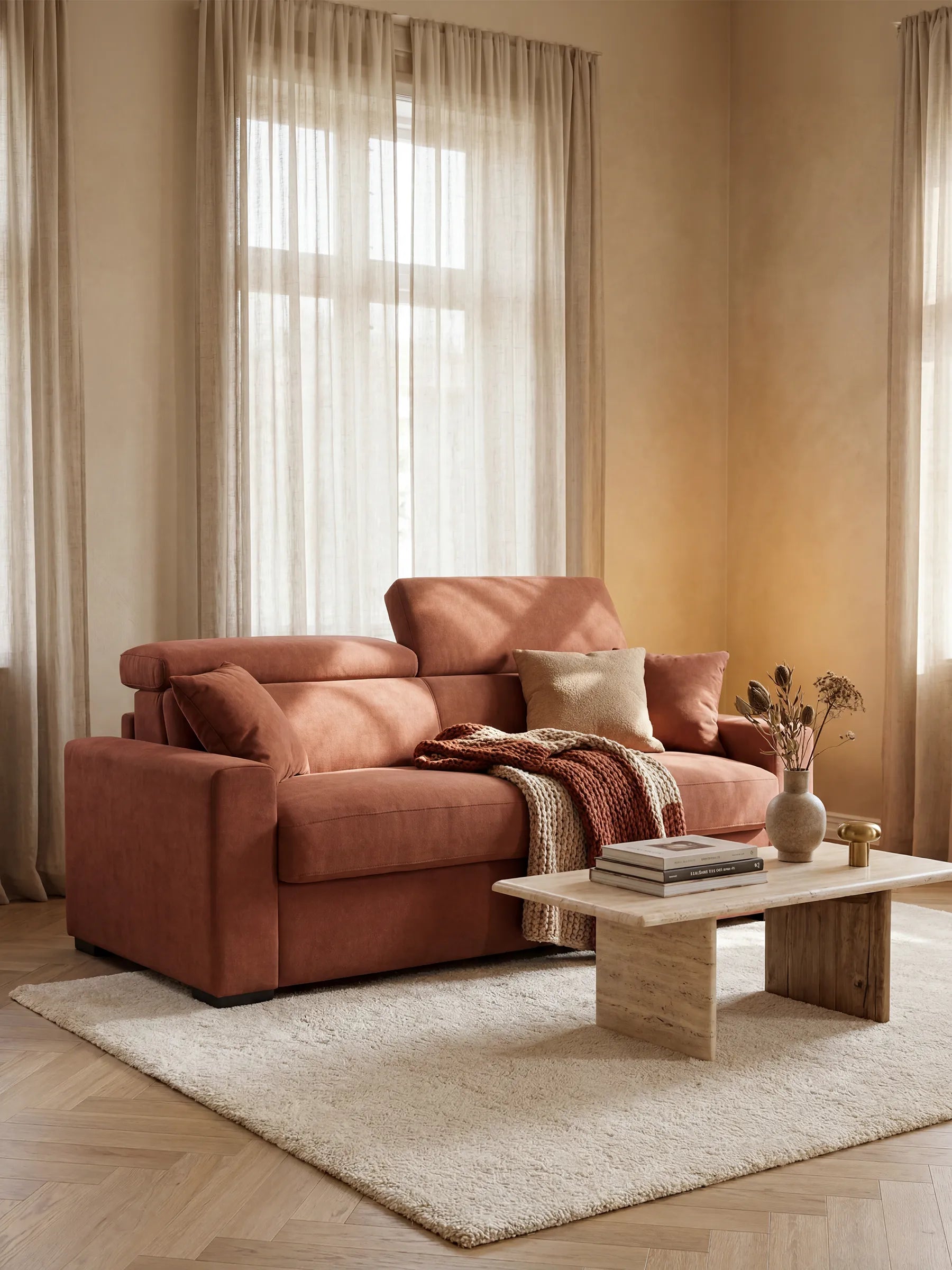 Un divano letto Maximus a 3 posti con materasso ALTO 20 cm di divitt.sbs, dotato di poggiatesta reclinabili in tessuto color ruggine certificato Oeko-Tex e resistente alle macchie, è impreziosito da cuscini e da una coperta a righe in maglia e poggia su un tappeto color crema. Di fronte, un tavolino basso in pietra beige ospita libri, un vaso di fiori secchi e una tazza. Tende trasparenti ricadono sulle ampie finestre, lasciando che una morbida luce naturale inondi la stanza.