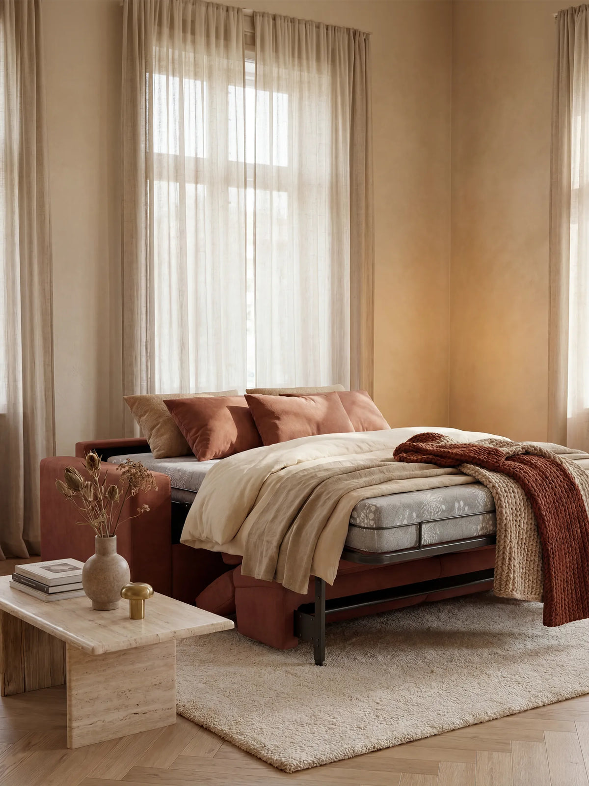 Un'accogliente camera da letto è arredata con il divano letto Maximus a 3 posti e materasso ALTO 20 cm di divitt.sbs, con biancheria da letto nei toni del beige e del ruggine, affiancato da tende trasparenti. Un tappeto beige ricopre il pavimento in legno, mentre su un tavolino in marmo sono disposti un vaso di fiori secchi e un piccolo contenitore dorato, che creano un'atmosfera calda e invitante.