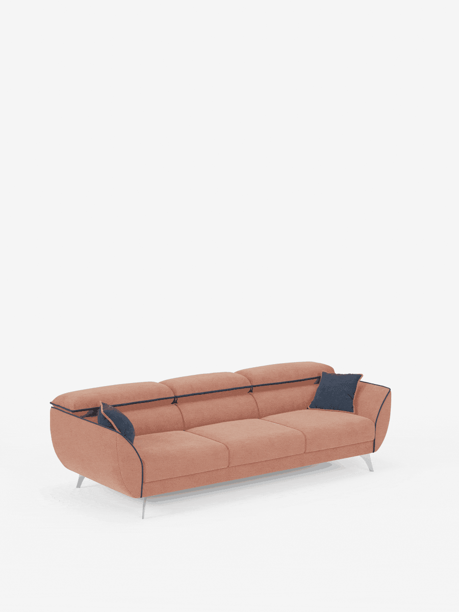 Vi presentiamo il divano Michelangelo 4 Posti bicolore di divitt.sbs: un divano contemporaneo color marrone chiaro dotato di tre sedute estraibili e poggiatesta regolabili, realizzato in tessuto T23 facile da pulire. Le eleganti gambe in metallo e le rifiniture in blu scuro ne accentuano la silhouette moderna, mentre due cuscini decorativi blu navy poggiano con eleganza sul lato destro. Lo sfondo bianco a tinta unita ne sottolinea la sofisticata versatilità, rendendo questo divano con sedute estraibili