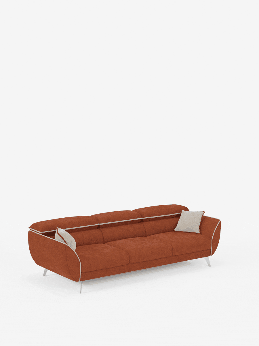 Il divano Michelangelo 4 Posti bicolore di divitt.sbs è un divano moderno color ruggine con braccioli ricurvi, gambe argentate e due cuscini decorativi beige, presentato su uno sfondo bianco a tinta unita. Questo divano moderno presenta un design elegante e contemporaneo con una sottile bordatura lungo i bordi, tre sedute scorrevoli estensibili e poggiatesta regolabili. Rivestito in tessuto T23 facile da pulire, offre sia stile che comfort versatile.
