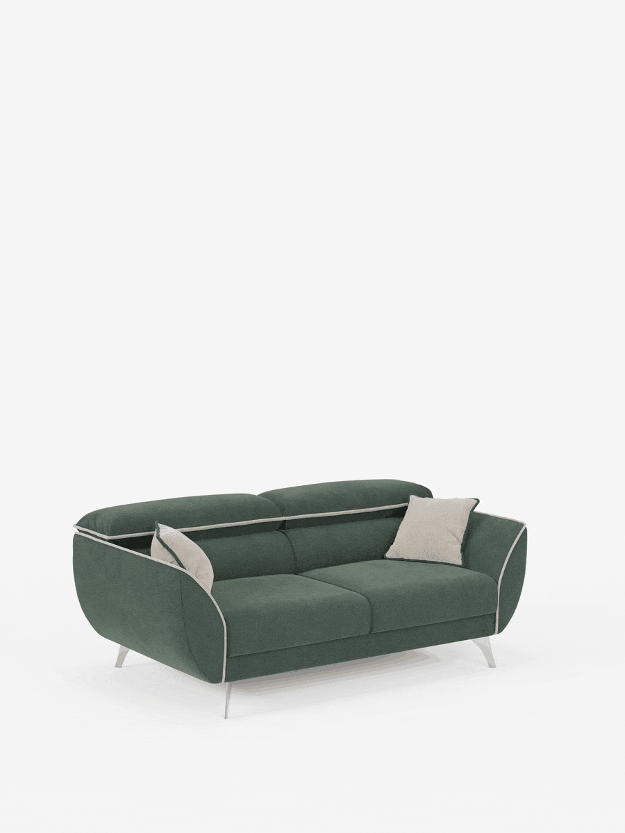 Vi presentiamo il divano Michelangelo a 2 e 3 posti di divitt.sbs: un divano contemporaneo bicolore realizzato in tessuto T23 facile da pulire, caratterizzato da un elegante design verde e bianco con bordino bianco, braccioli arrotondati, gambe argentate e due cuscini decorativi chiari. Dotato di sedute allungabili e poggiatesta reclinabili regolabili per un comfort personalizzabile e un maggiore sostegno, è l’ideale per chi è alla ricerca di soluzioni di seduta versatili. Presentato su uno sfondo bianco