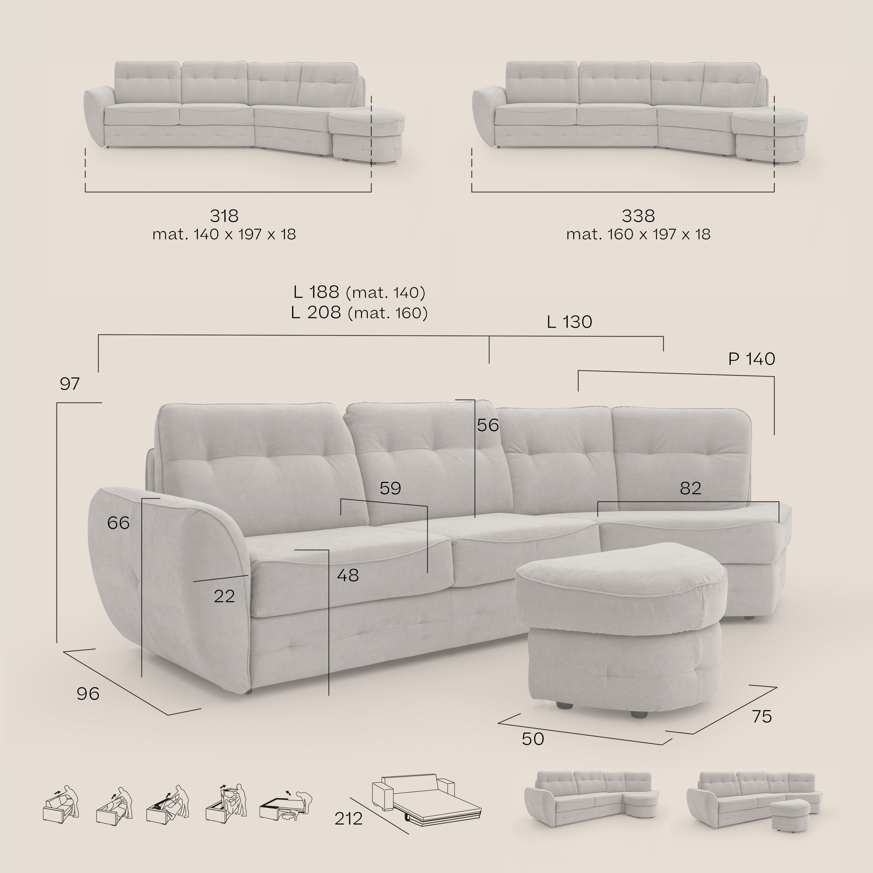 Zeus divano letto angolare con materasso H18 cm pouf mobile in tessuto impermeabile T02 - divitt.sbs