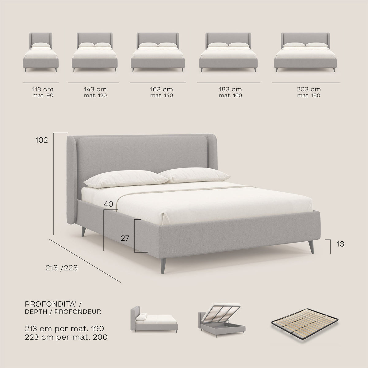 Nadine letto contenitore di design e comfort Italiano in tessuto impermeabile T19 salmone - divitt.sbs