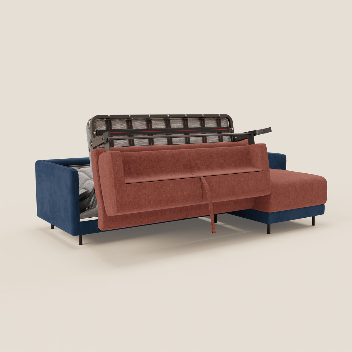 Narciso divano letto angolare con materasso alto 18 cm e penisola contenitore in tessuto bicolore impermeabile T11 e T06 - divitt.sbs