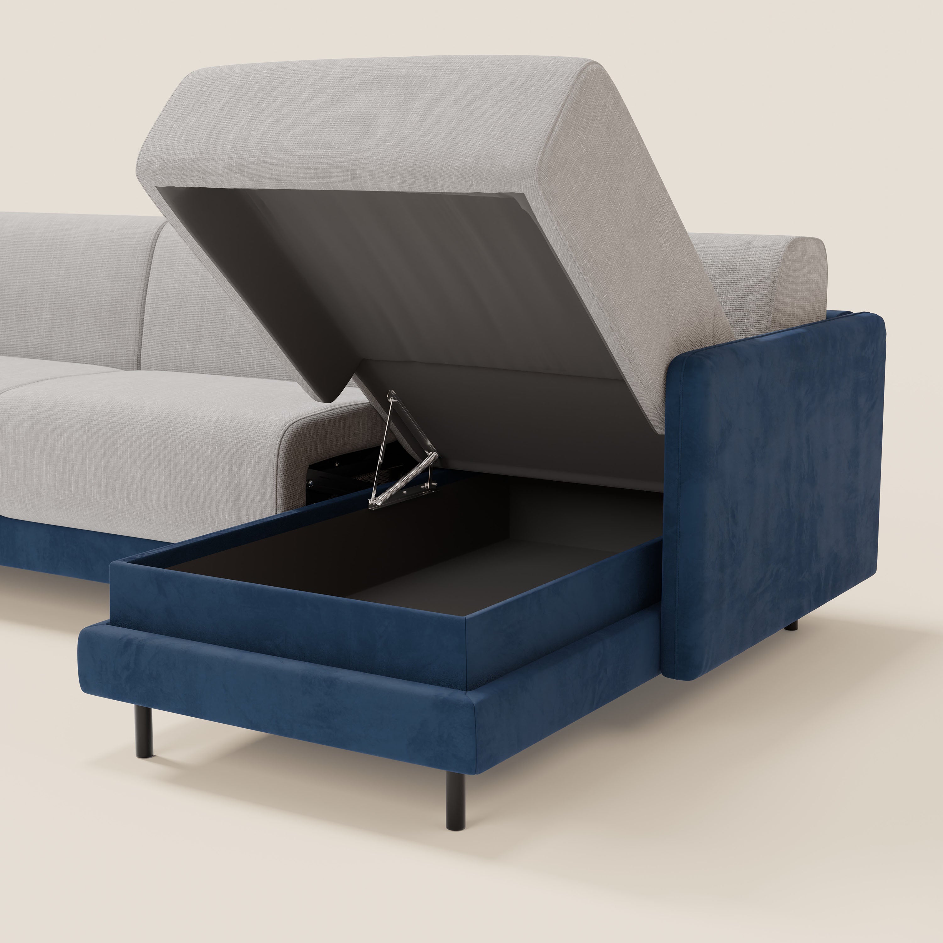 Narciso divano letto angolare con materasso alto 18 cm e penisola contenitore in tessuto bicolore impermeabile T11 e T06 - divitt.sbs