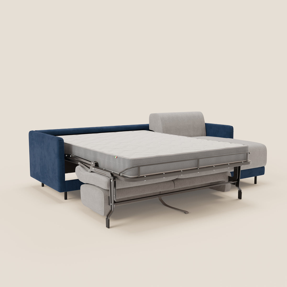 Narciso divano letto angolare con materasso alto 18 cm e penisola contenitore in tessuto bicolore impermeabile T11 e T06 - divitt.sbs