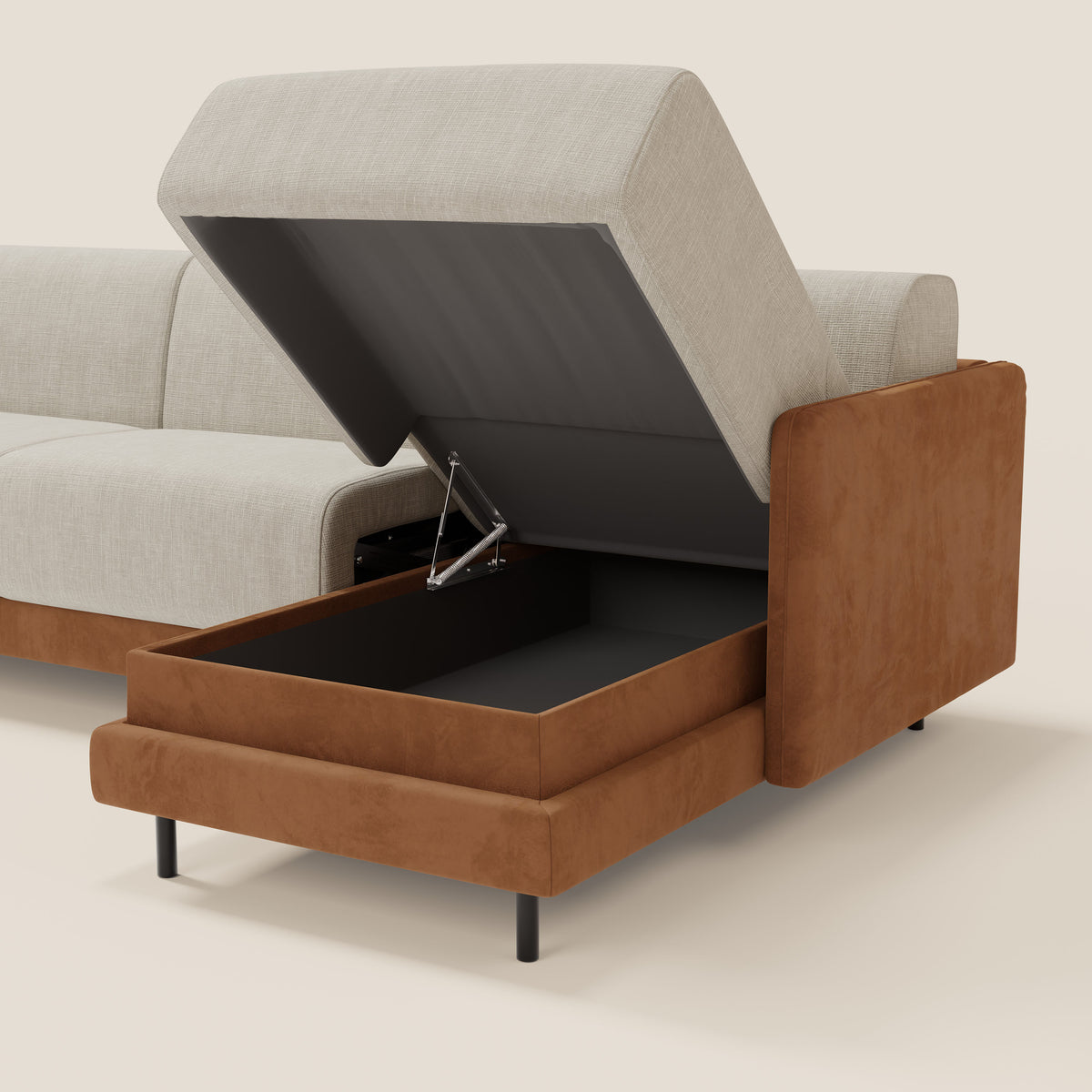 Narciso divano letto angolare con materasso alto 18 cm e penisola contenitore in tessuto bicolore impermeabile T11 e T06 - divitt.sbs