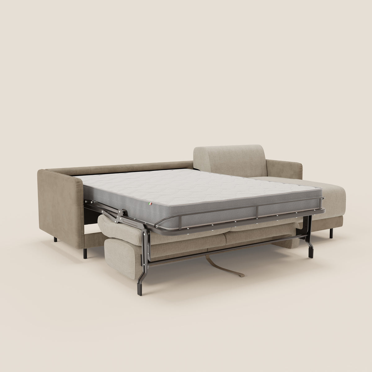 Narciso divano letto angolare con materasso alto 18 cm e penisola contenitore in tessuto bicolore impermeabile T11 e T06 - divitt.sbs