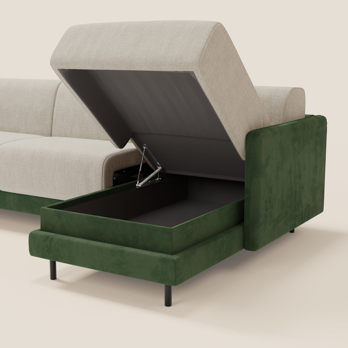 Narciso divano letto angolare con materasso alto 18 cm e penisola contenitore in tessuto bicolore impermeabile T11 e T06 - divitt.sbs