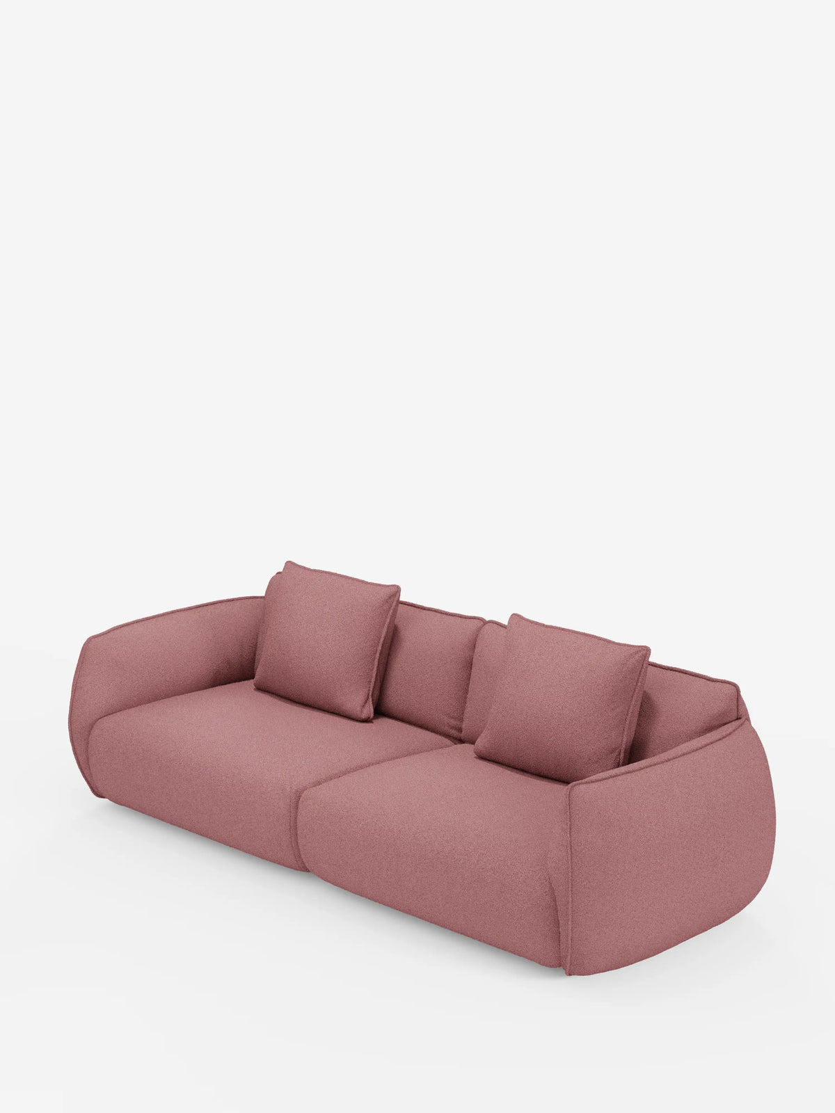 Un divano modulare e componibile Nimbus a 3 posti in rosa malva contemporaneo di divitt.sbs, lungo 250 cm e rivestito in tessuto sfoderabile e antimacchia con effetto cotone (t33). Il divano presenta bordi morbidi e arrotondati, braccioli bassi, due cuscini di seduta e quattro morbidi cuscini dello schienale abbinati. Lo sfondo è bianco a tinta unita.