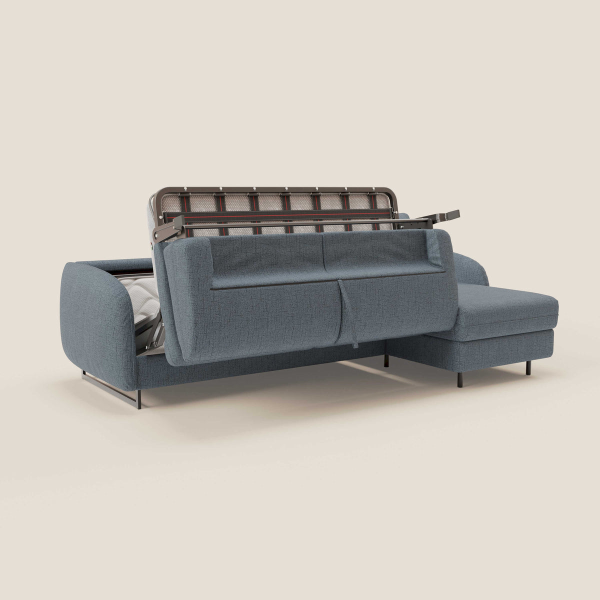Ninfea Divano Letto Angolare con Penisola Contenitore e Materasso H18 cm - piedini in metallo e Tessuto impermeabile T03 - divitt.sbs