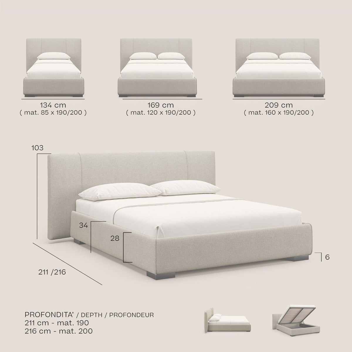 Omero letto imbottito contenitore sfoderabile in tessuto fiammato impermeabile T14 grigio - divitt.sbs