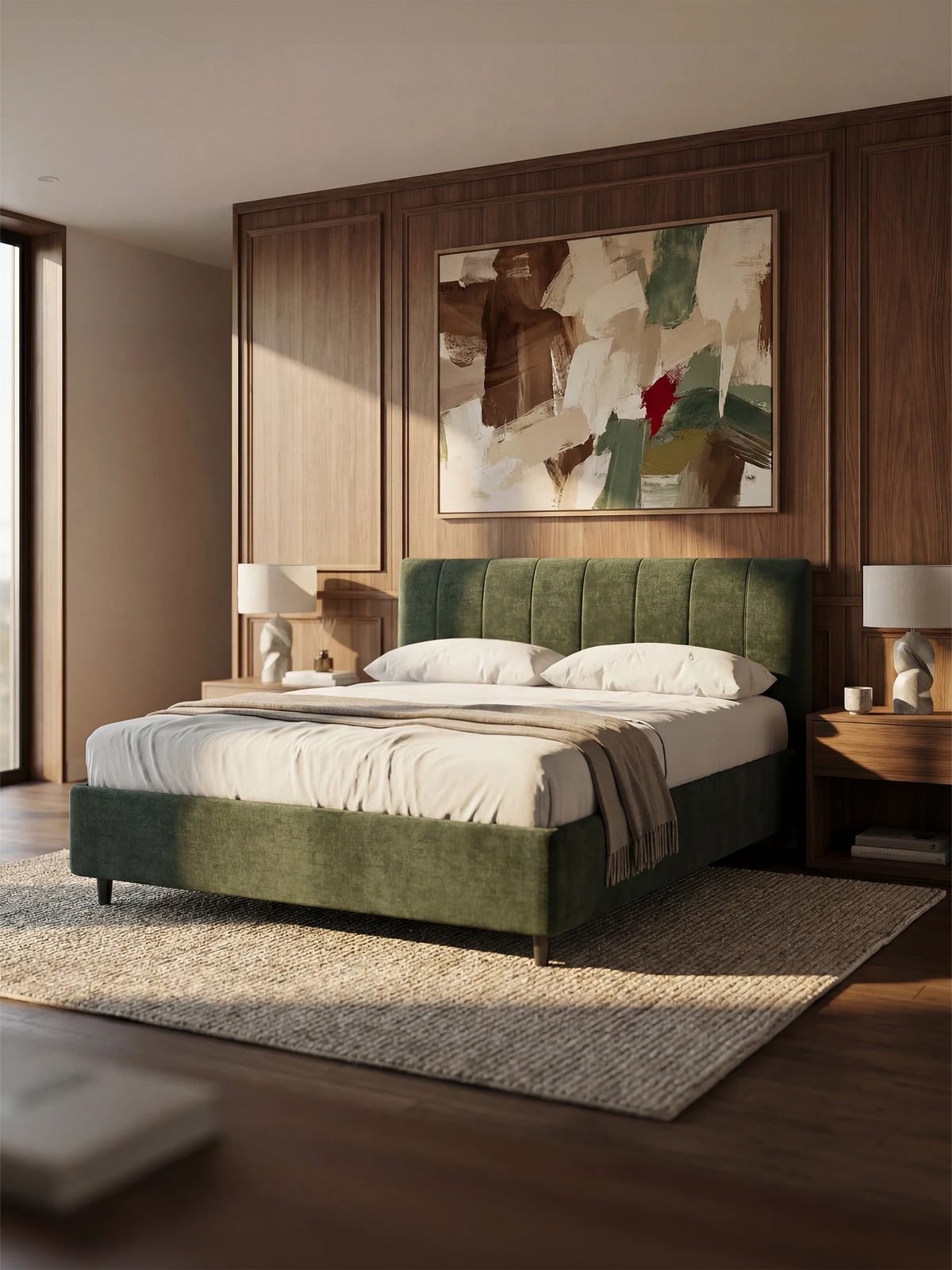 Una camera da letto moderna e luminosa presenta il letto imbottito ONYX con contenitore e testiera verticale in tessuto certificato Oeko-Tex® di Letti.store, color verde, abbinato a biancheria da letto bianca e a una coperta color cuoio. Le pareti rivestite di pannelli in legno conferiscono calore all’ambiente, mentre un quadro astratto sopra il letto crea un effetto visivo di grande interesse. Due comodini abbinati con lampade bianche fiancheggiano il letto, mentre un tappeto grigio testurizzato definisce